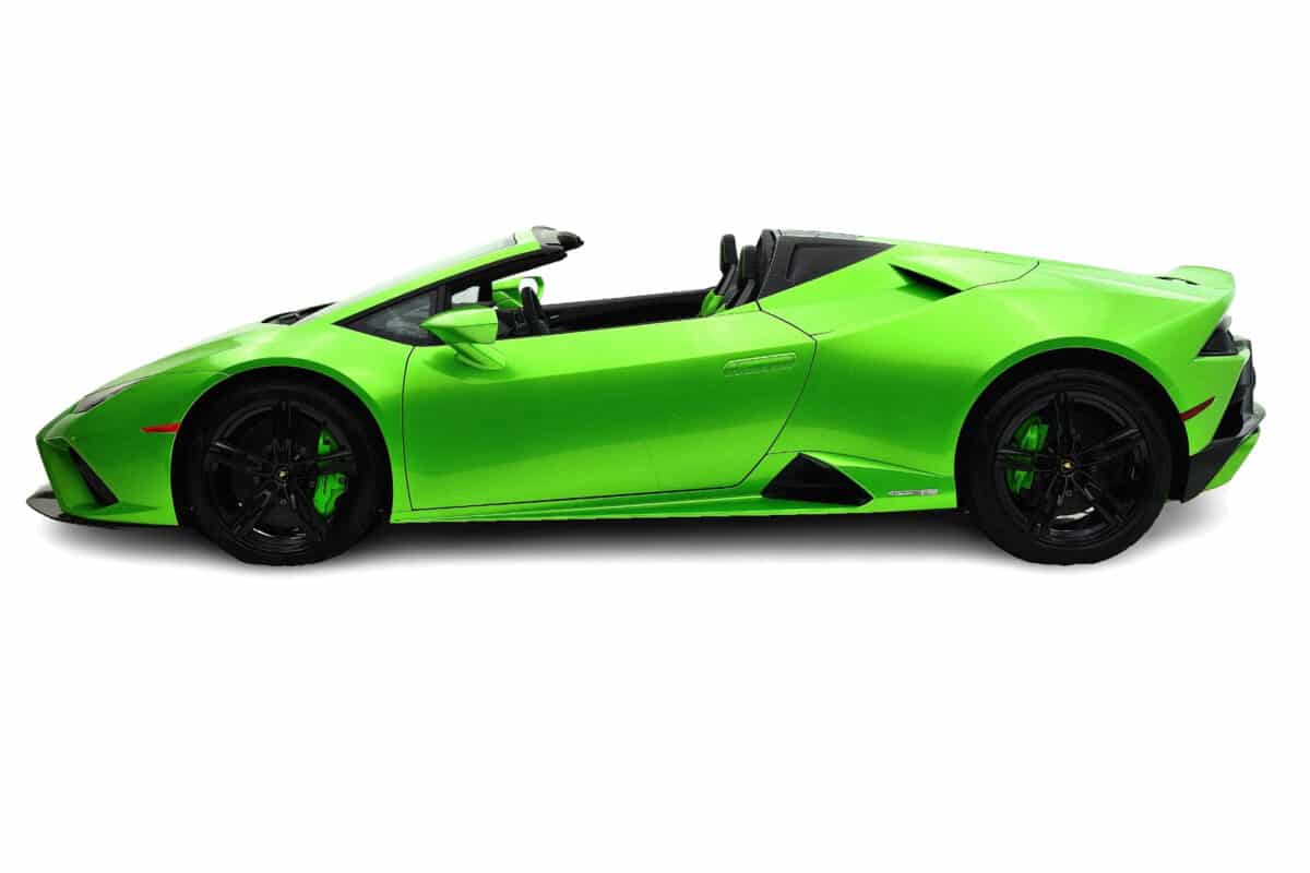 Green Lamborghini Huracan Evo Spyder Side view