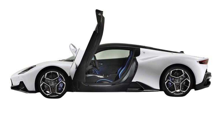 White Maserati MC20 Side view Open Scissor door