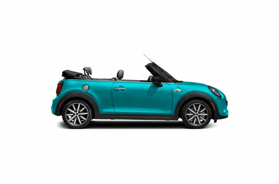 Caribbean aqua Mini Cooper Cabriolet View from the side